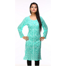 Ada Hand Embroidered Extra Extra Small Green Faux Georgette Lucknow Chikankari Long Kurti